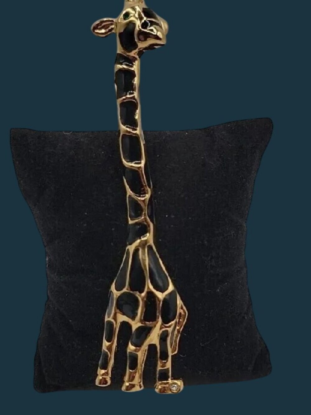 Giraffe Brooch Pin Gold Tone Black Enamel Spots Green Rhinestone Eye - Picture 3 of 11